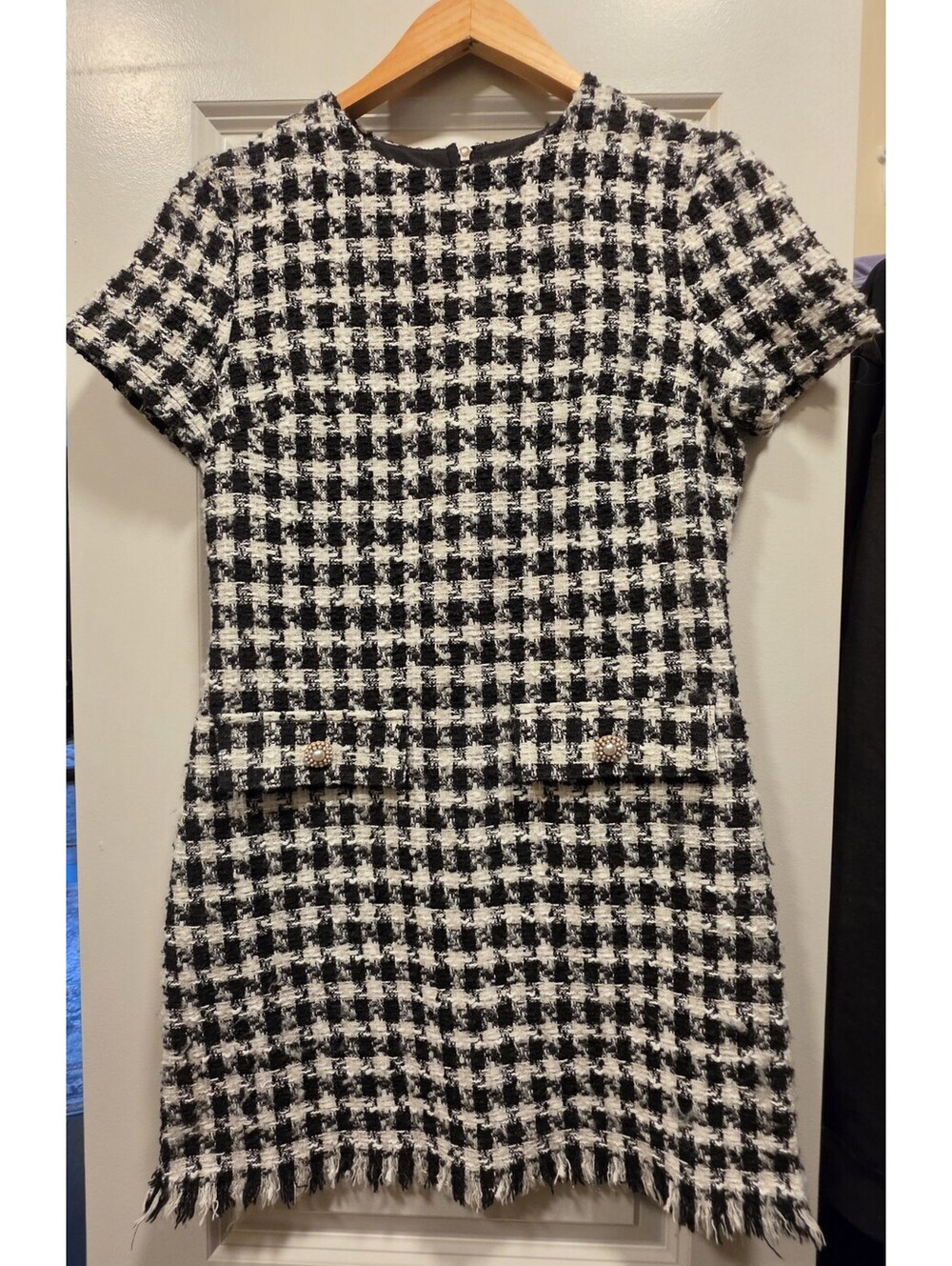 Bebop Houndstooth Tweed Mini Dress Pearl Clasp Short Sleeve Fringe Hem S